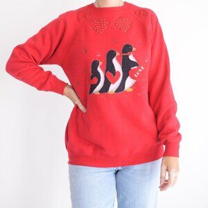 Vintage Hanes Sport Red Crew w Penguin  Holding Hearts Valentines Sweater L